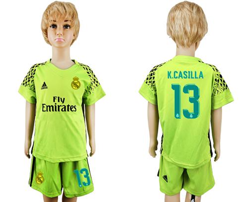 Real Madrid #13 K.Casilla Shiny Green Goalkeeper Kid Soccer Club Jersey